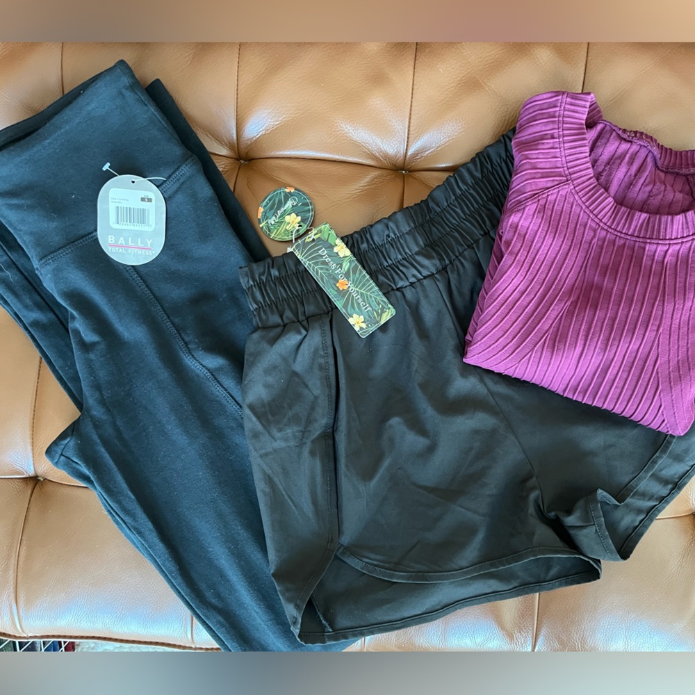 Bundle of 3 - lululemon long sleeve top, Bally’s flared leggings, & black shorts
